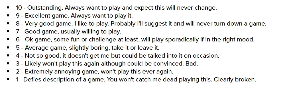 10 - Outstanding. Always want to play and expect this will never change. 9 - Excellent game. Always want to play it. 8 - Very good game. I like to play. Probably I'll suggest it and will never turn down a game. 7 - Good game, usually willing to play. 6 - Ok game, some fun or challenge at least, will play sporadically if in the right mood. 5 - Average game, slightly boring, take it or leave it. 4 - Not so good, it doesn't get me but could be talked into it on occasion. 3 - Likely won't play this again although could be convinced. Bad. 2 - Extremely annoying game, won't play this ever again. 1 - Defies description of a game. You won't catch me dead playing this. Clearly broken.